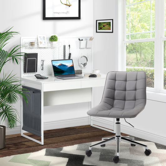 HOMCOM - Schreibtisch mit Stofftasche Computertisch, 2 Schubladen, Notizgitter, Gitterwand Haken, Stahl Spanplatte, Weiß+Grau, 110x58,5x127 cm