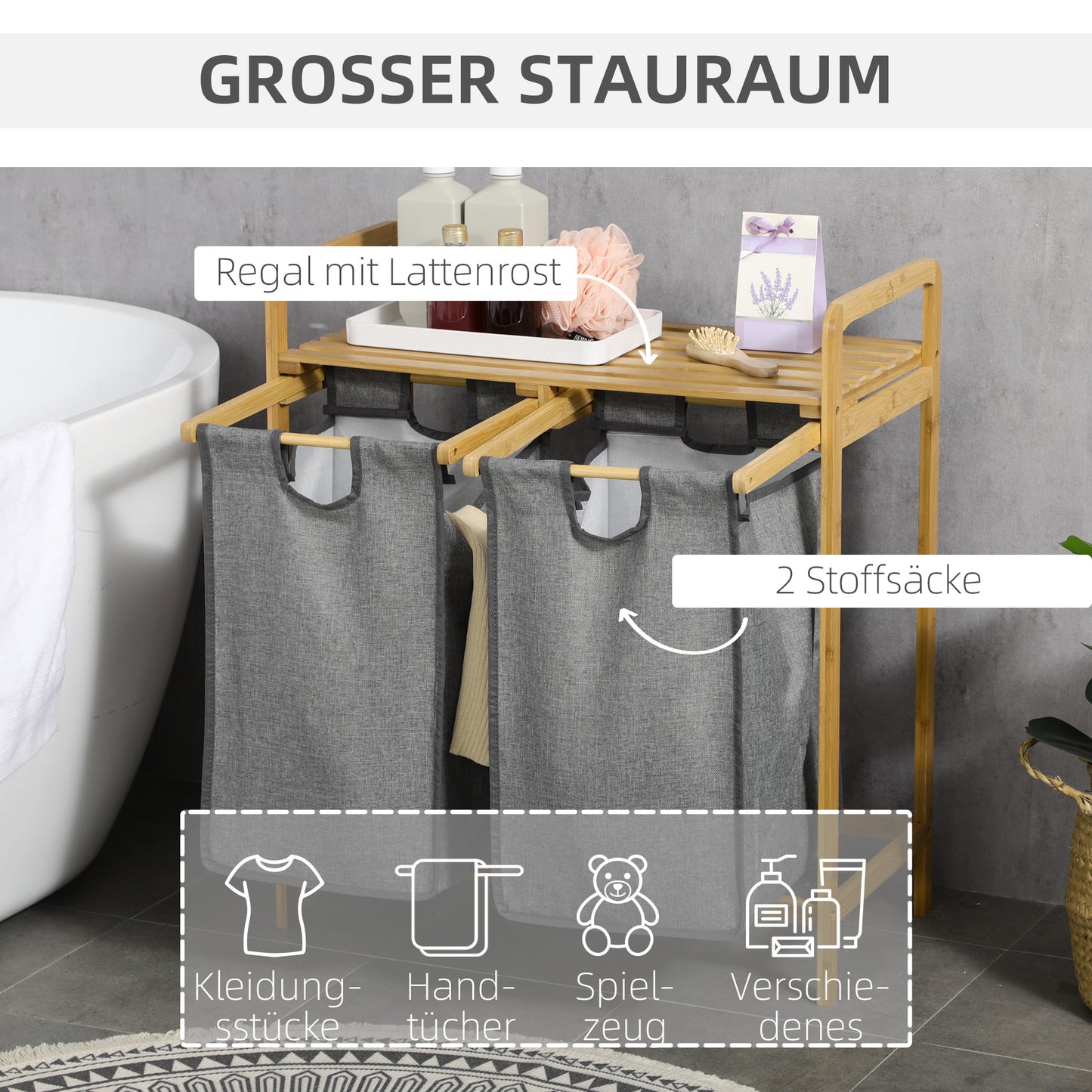 Wäschekorb 2 Fächer, Wäschesammler, Wäschebox, abnehmbaren Wäschesäcken, Wäschekorb Regal, mit Plattform Bambus, Grau Natur, HOMCOM, 4