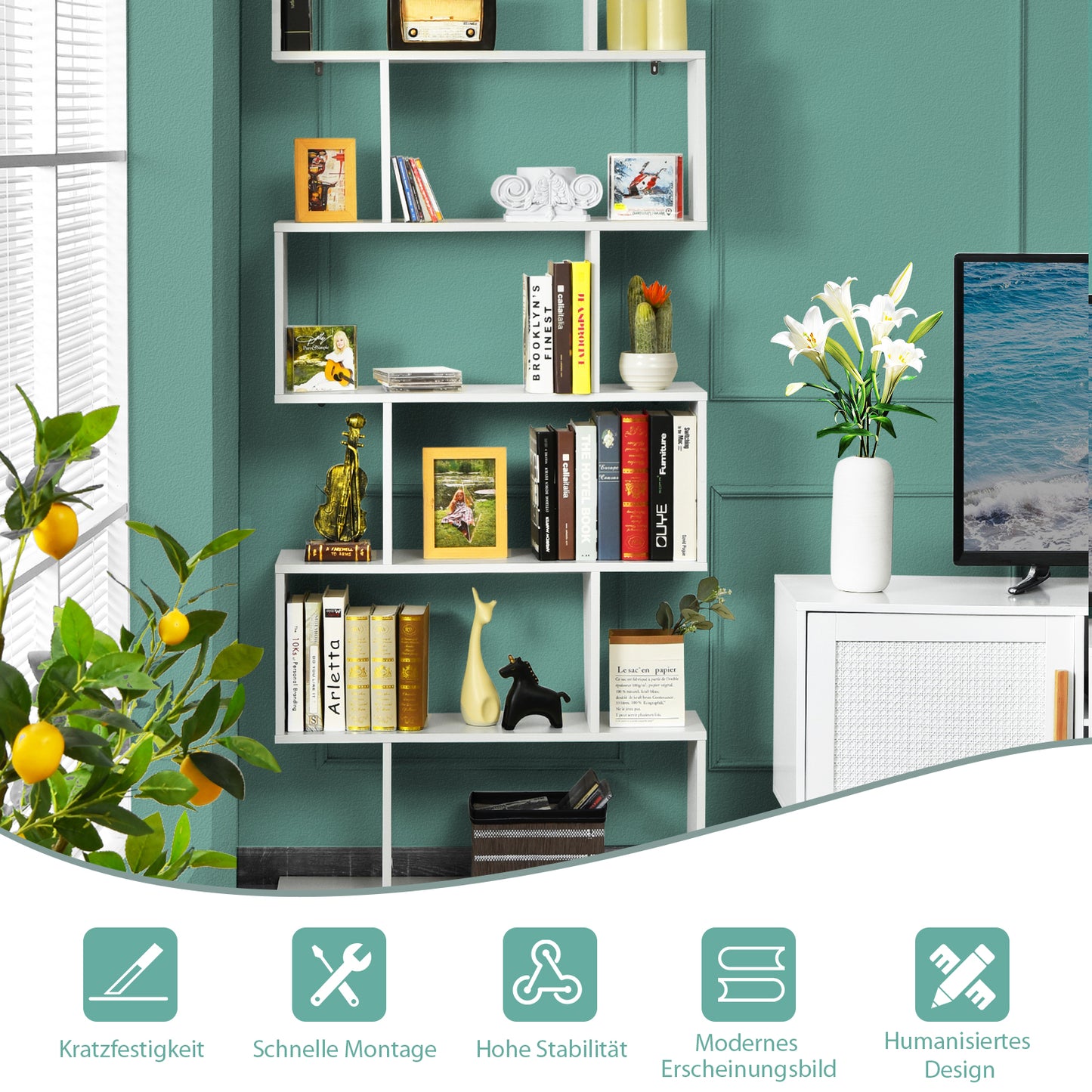 Bücherregal, Bücherregal mit 6 Ebenen, S-Form Standregal, Aufbewahrungsregal, Holz, Farbwahl-Weiß, Costway, 2