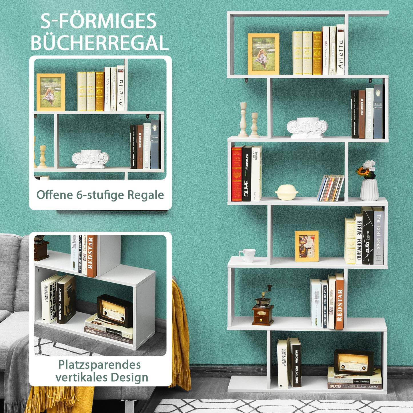 Bücherregal, Bücherregal mit 6 Ebenen, S-Form Standregal, Aufbewahrungsregal, Holz, Farbwahl-Weiß, Costway, 7