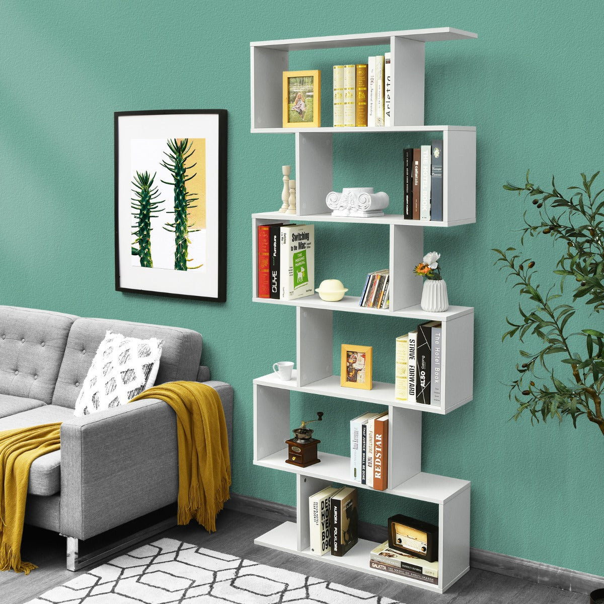Bücherregal, Bücherregal mit 6 Ebenen, S-Form Standregal, Aufbewahrungsregal, Holz, Farbwahl-Weiß, Costway