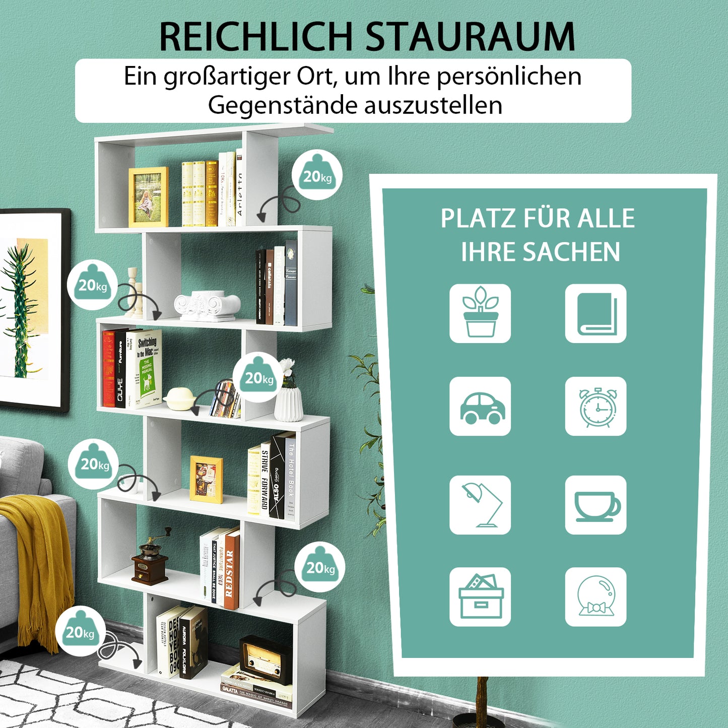 Bücherregal, Bücherregal mit 6 Ebenen, S-Form Standregal, Aufbewahrungsregal, Holz, Farbwahl-Weiß, Costway, 3