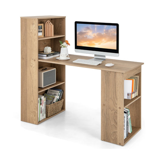 Costway - Schreibtisch mit Bücherregal Computertisch mit 6 Regalen PC-Tisch mit Regal Bürotisch Natur