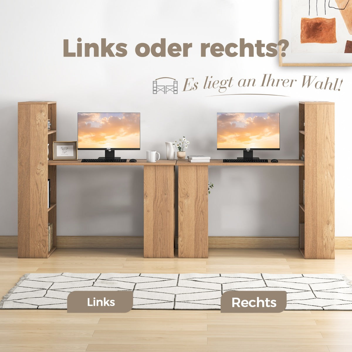 Costway - Schreibtisch mit Bücherregal Computertisch mit 6 Regalen PC-Tisch mit Regal Bürotisch Natur