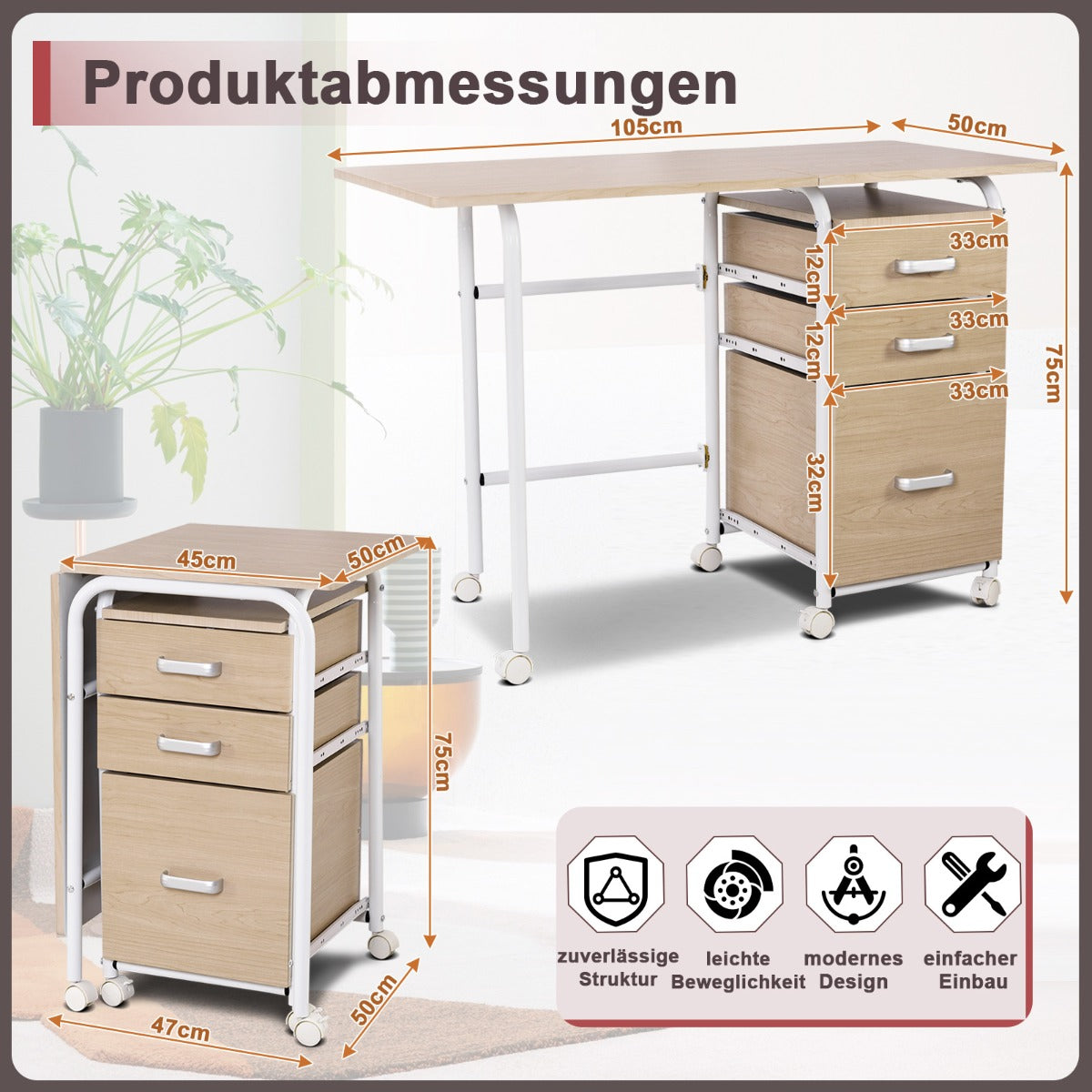 Costway - Klappbarer Computertisch mit 3 Schubladen Schreibtisch 105 x 50 x 75 cm Natur