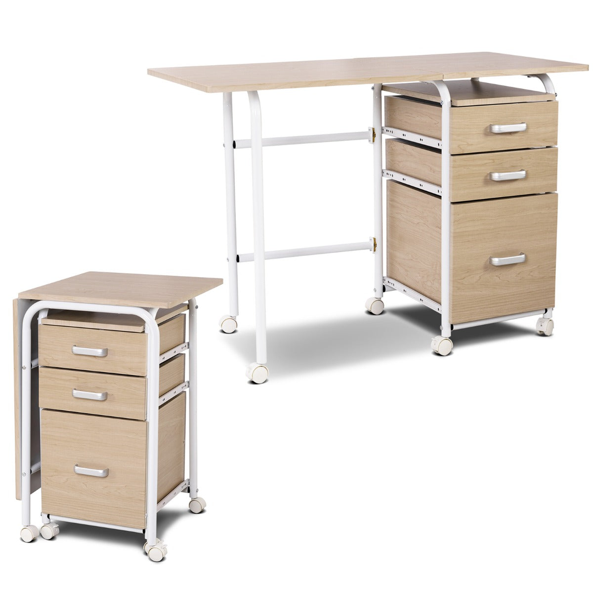 Costway - Klappbarer Computertisch mit 3 Schubladen Schreibtisch 105 x 50 x 75 cm Natur