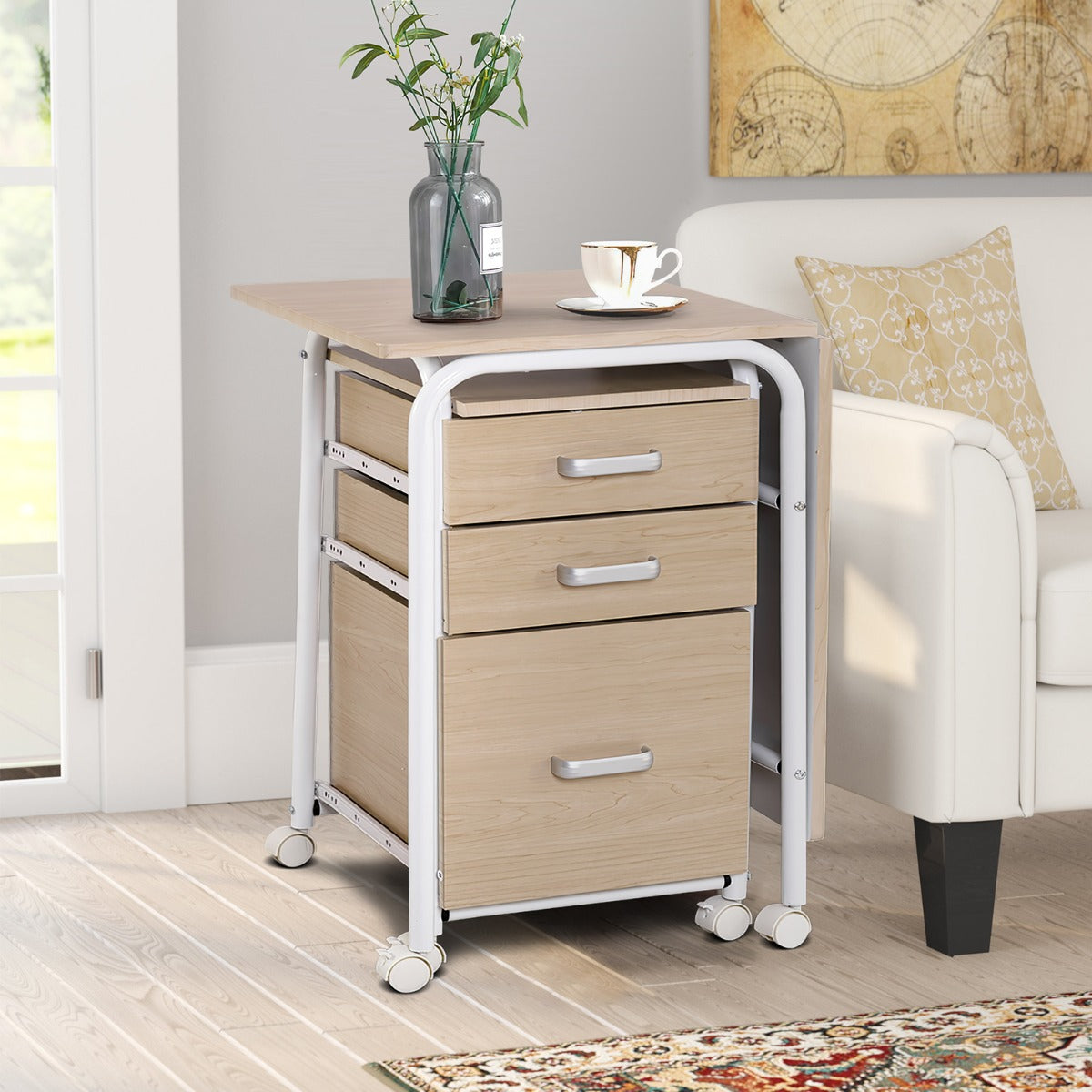 Costway - Klappbarer Computertisch mit 3 Schubladen Schreibtisch 105 x 50 x 75 cm Natur