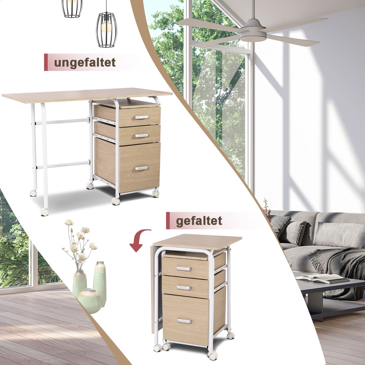 Costway - Klappbarer Computertisch mit 3 Schubladen Schreibtisch 105 x 50 x 75 cm Natur