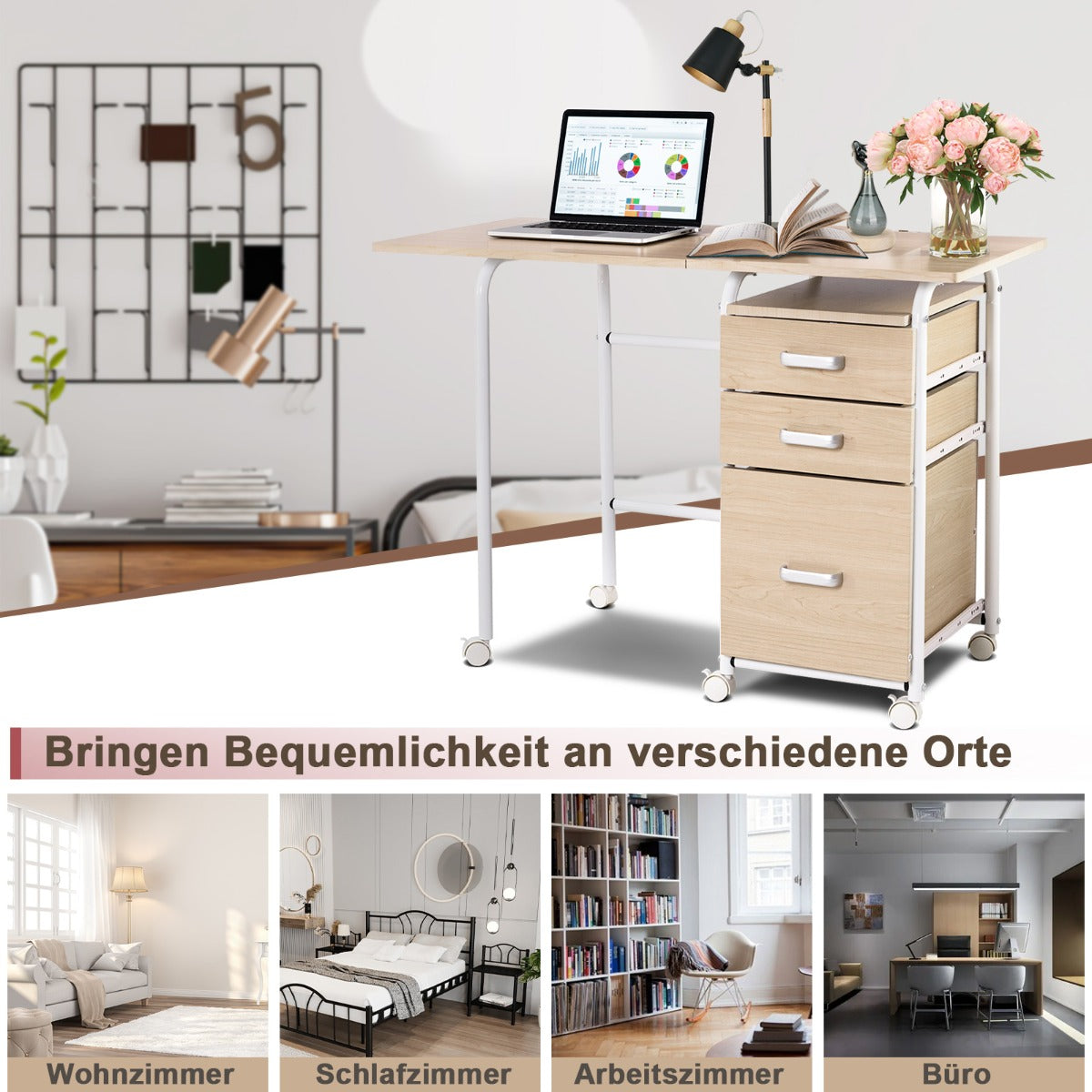 Costway - Klappbarer Computertisch mit 3 Schubladen Schreibtisch 105 x 50 x 75 cm Natur