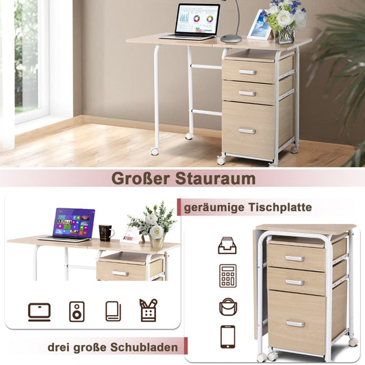 Costway - Klappbarer Computertisch mit 3 Schubladen Schreibtisch 105 x 50 x 75 cm Natur
