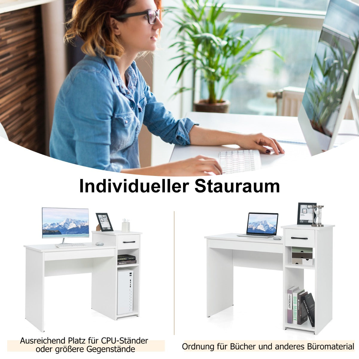Costway - Schreibtisch mit Schublade & offenen Regalen Computertisch aus Holz 102 x 50 x 82 cm Weiß