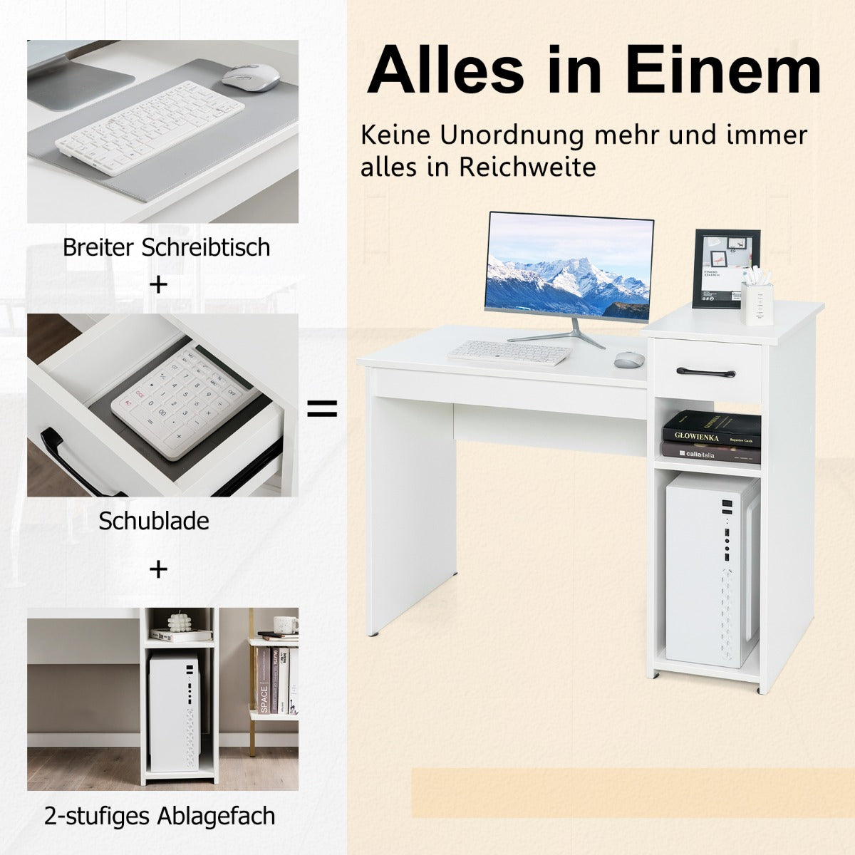 Costway - Schreibtisch mit Schublade & offenen Regalen Computertisch aus Holz 102 x 50 x 82 cm Weiß