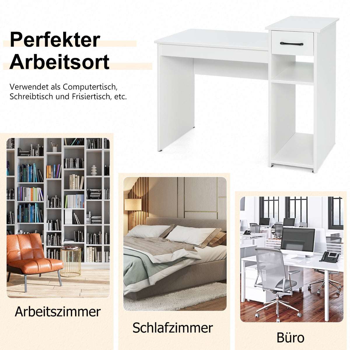 Costway - Schreibtisch mit Schublade & offenen Regalen Computertisch aus Holz 102 x 50 x 82 cm Weiß