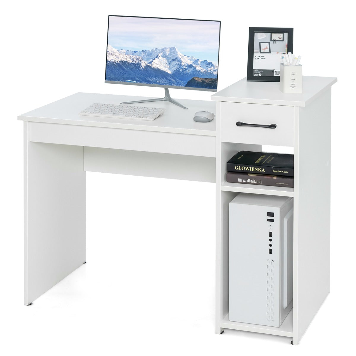 Costway - Schreibtisch mit Schublade & offenen Regalen Computertisch aus Holz 102 x 50 x 82 cm Weiß