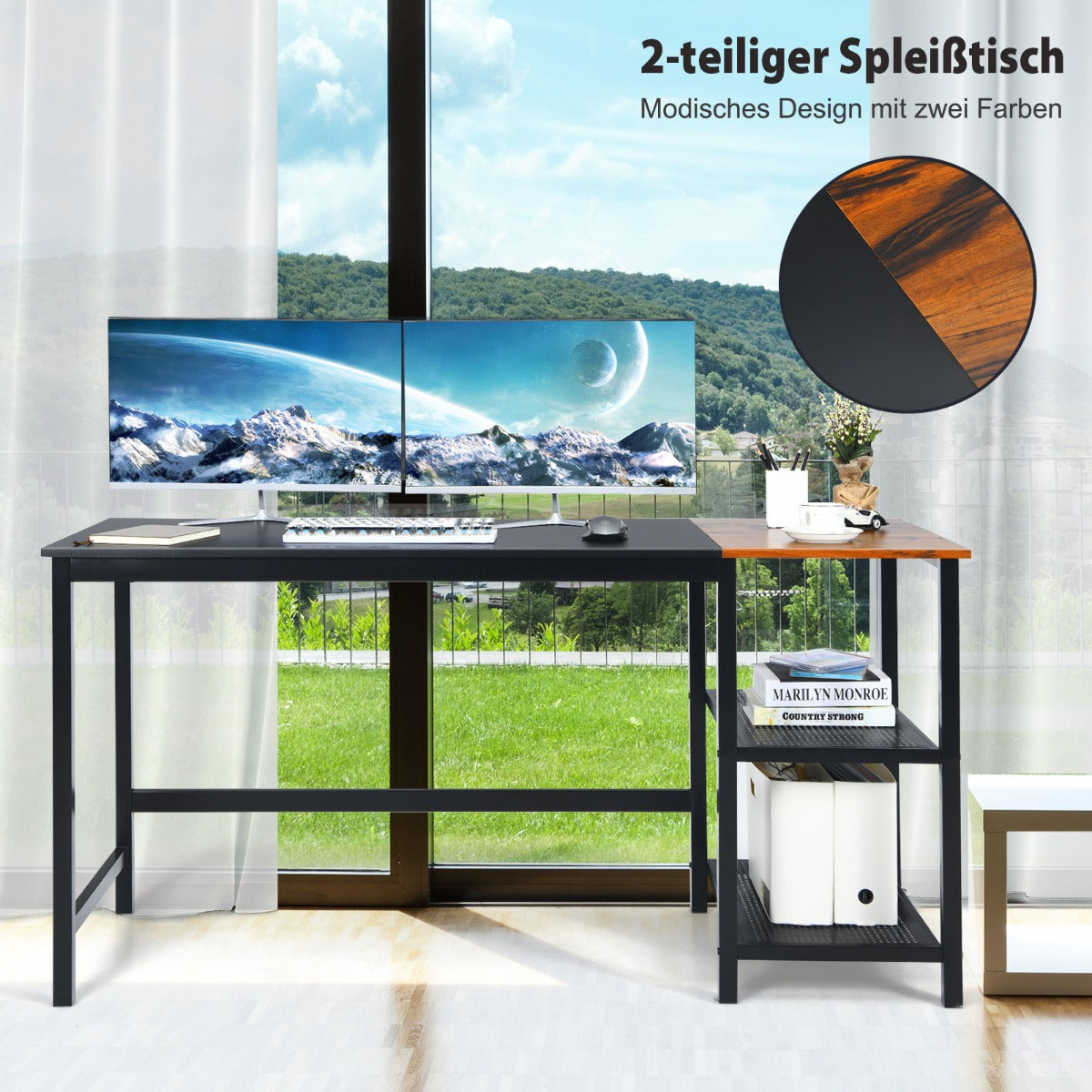 Costway - 150 cm Computertisch mit Herausnehmbaren Ablagefächern & Kopfhörerhaken Schwarz