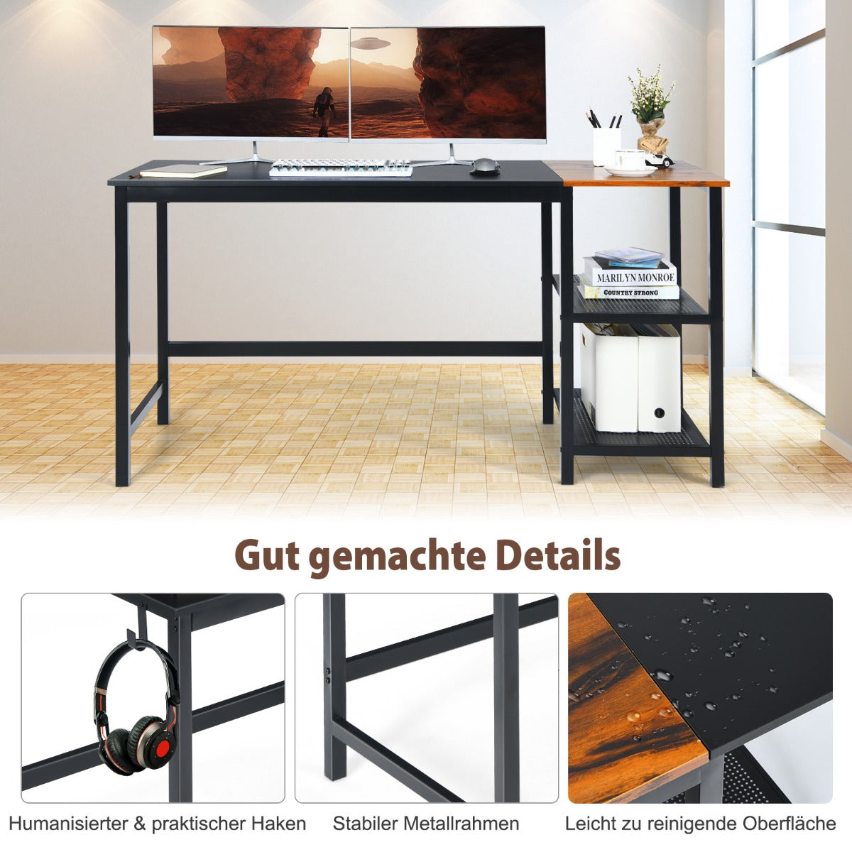 Costway - 150 cm Computertisch mit Herausnehmbaren Ablagefächern & Kopfhörerhaken Schwarz
