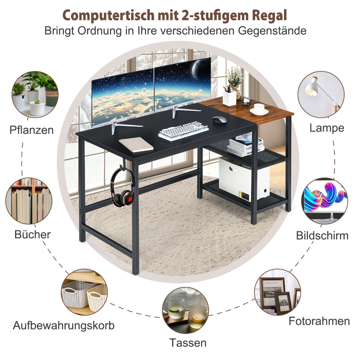 Costway - 150 cm Computertisch mit Herausnehmbaren Ablagefächern & Kopfhörerhaken Schwarz