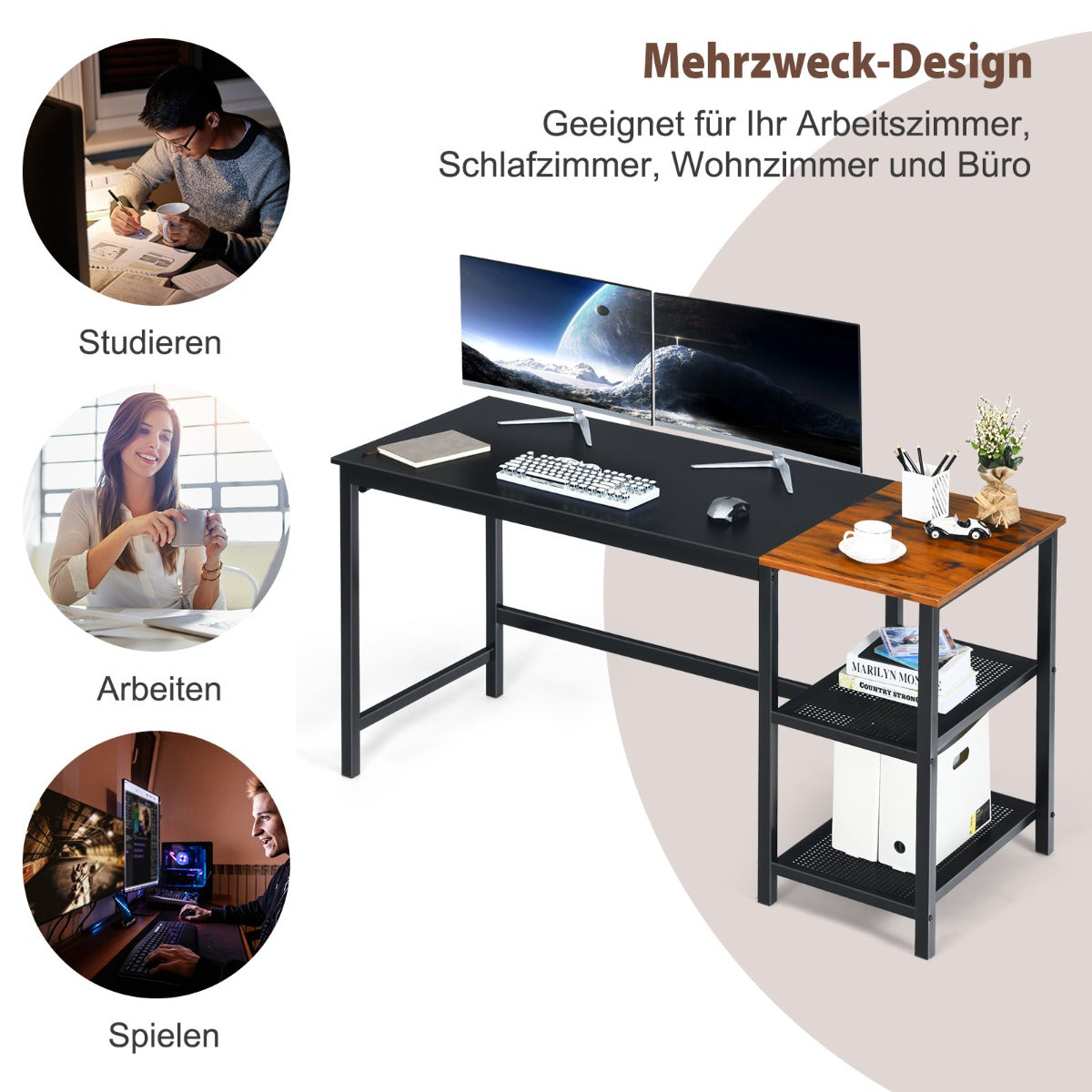 Costway - 150 cm Computertisch mit Herausnehmbaren Ablagefächern & Kopfhörerhaken Schwarz