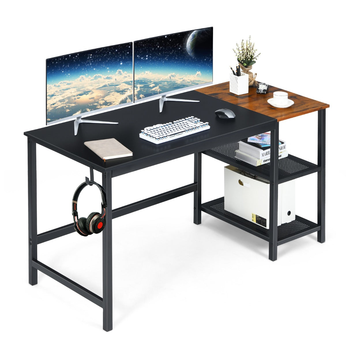 Costway - 150 cm Computertisch mit Herausnehmbaren Ablagefächern & Kopfhörerhaken Schwarz