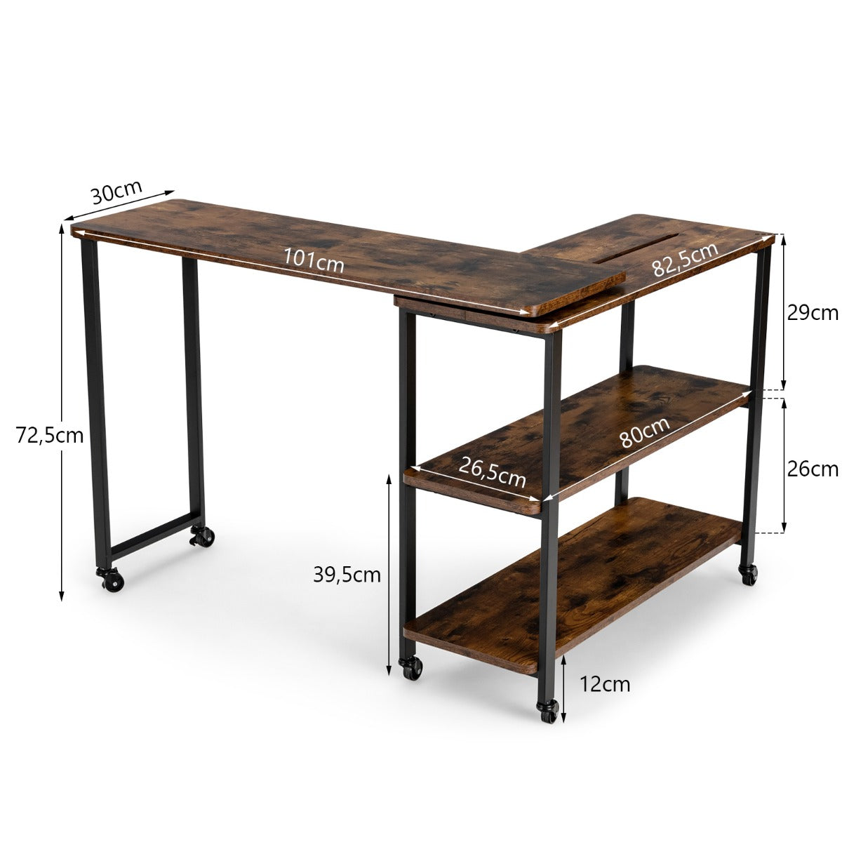 Costway - Beistelltisch Holz Couchtisch L-Form Tischplatte 360° drehbar 3 Ebenen Wohnzimmertisch Vintage 101 x 82,5 x 72,5 cm