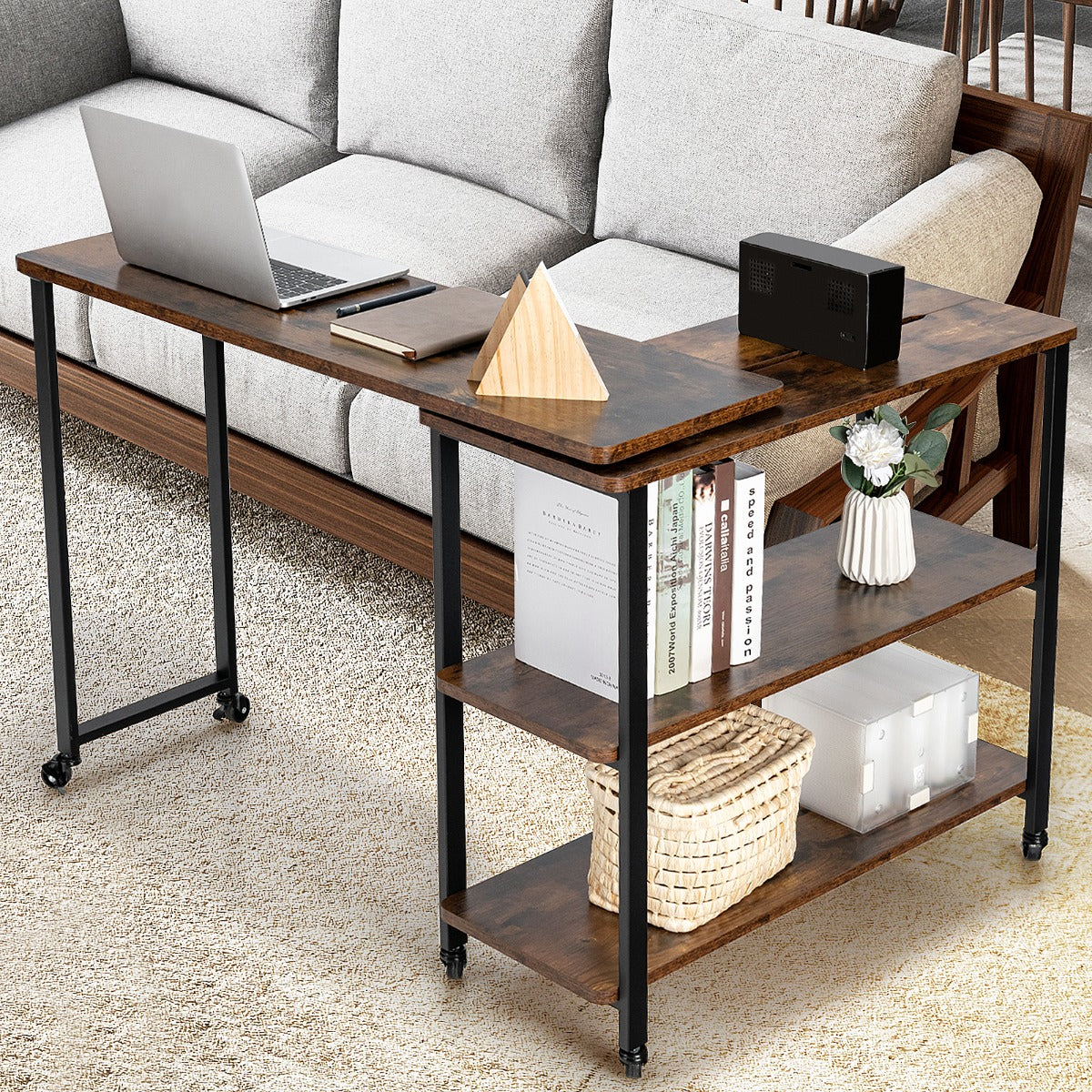 Costway - Beistelltisch Holz Couchtisch L-Form Tischplatte 360° drehbar 3 Ebenen Wohnzimmertisch Vintage 101 x 82,5 x 72,5 cm