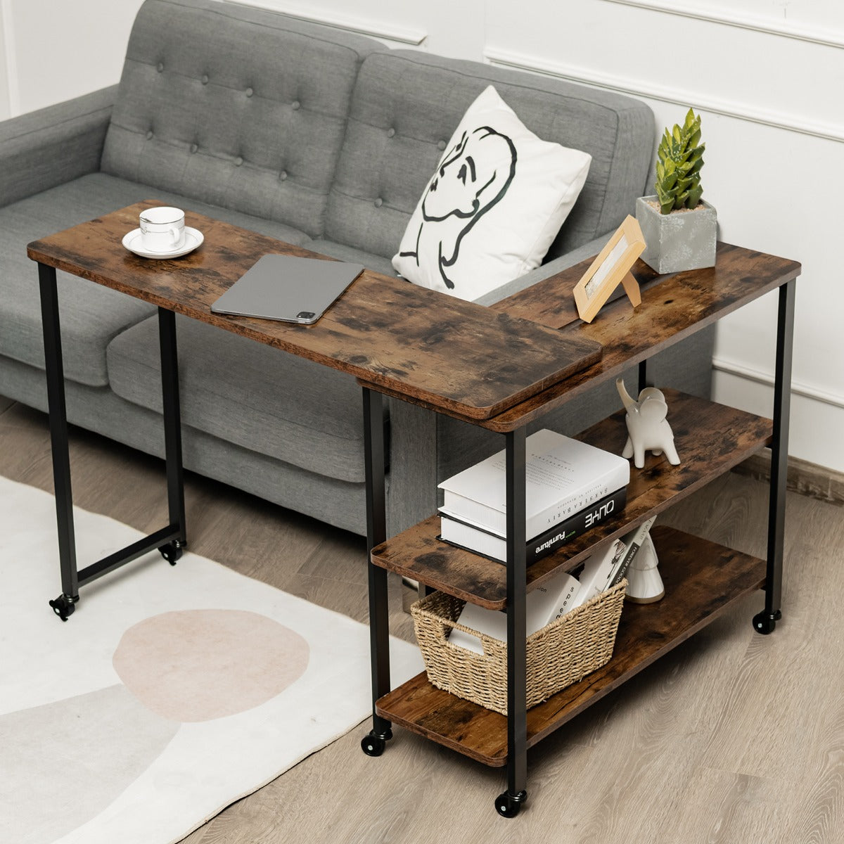Costway - Beistelltisch Holz Couchtisch L-Form Tischplatte 360° drehbar 3 Ebenen Wohnzimmertisch Vintage 101 x 82,5 x 72,5 cm