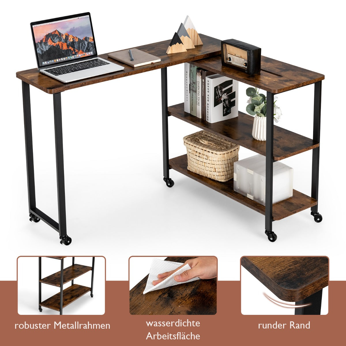 Costway - Beistelltisch Holz Couchtisch L-Form Tischplatte 360° drehbar 3 Ebenen Wohnzimmertisch Vintage 101 x 82,5 x 72,5 cm