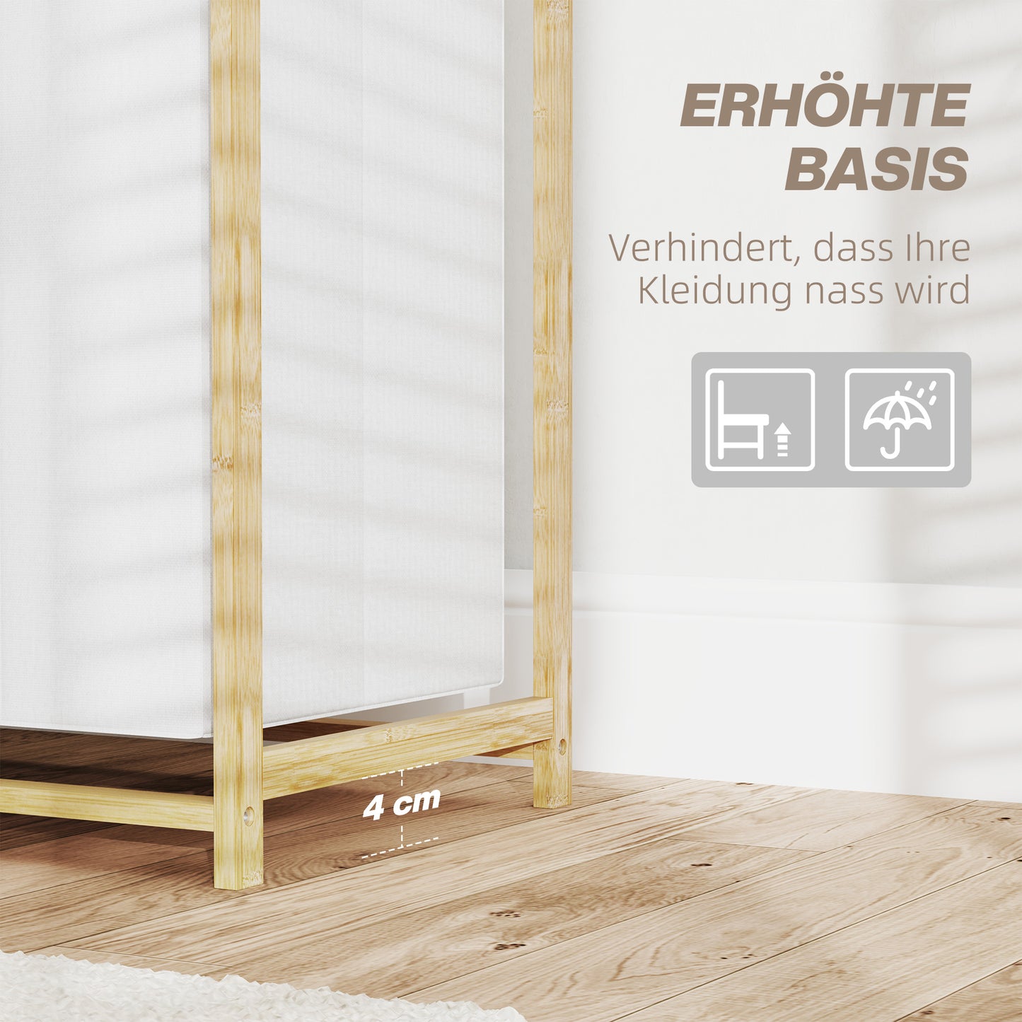 Wäschekorb, 83L, Wäschesammler, 4 Fächer, Wäschebox, Badezimmer Regal, mit offene Ablagen, Bambus, Weiß, HOMCOM, 7