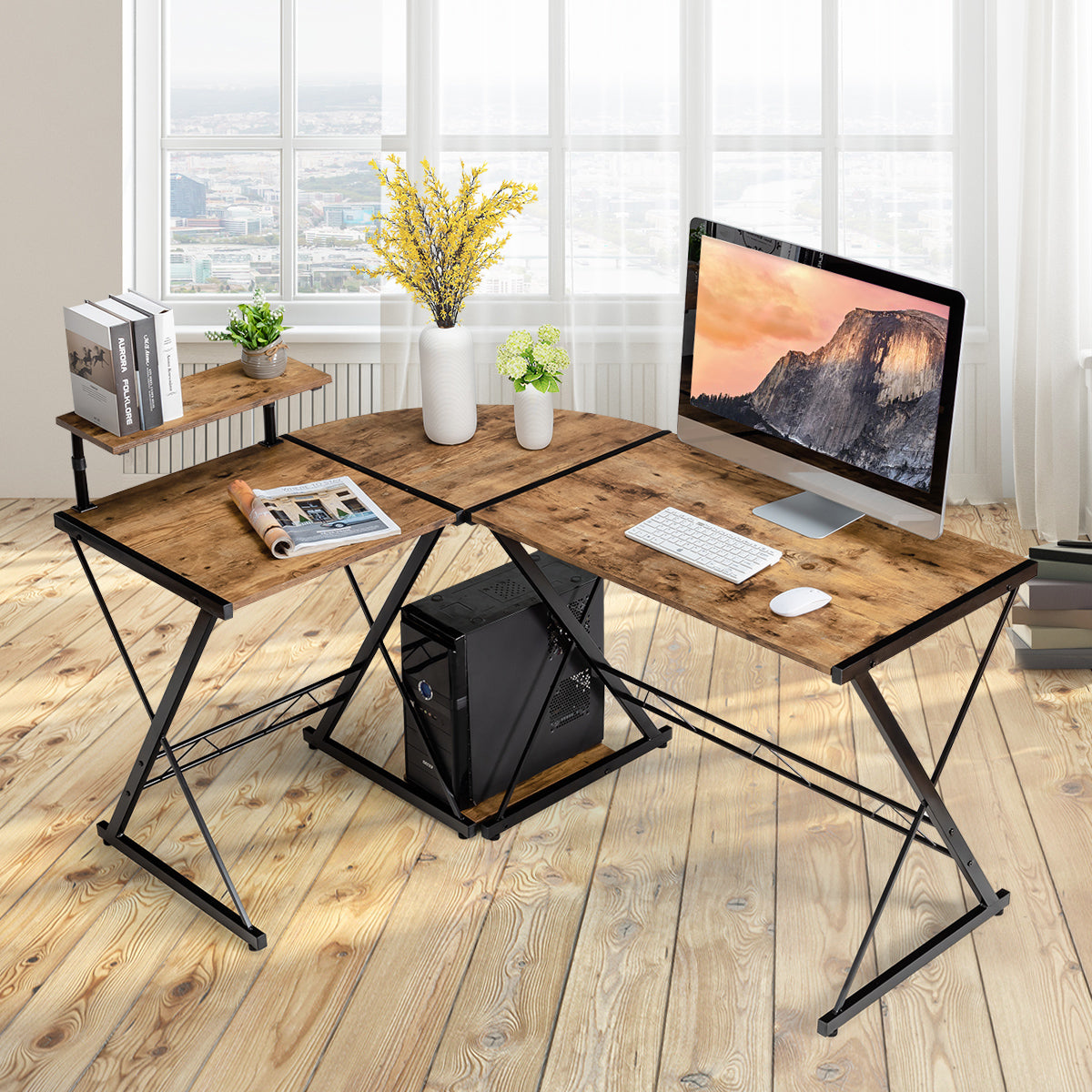 Costway - Eckschreibtisch L-Förmiger Computertisch aus Holz 147 x 112 x 79 cm Braun