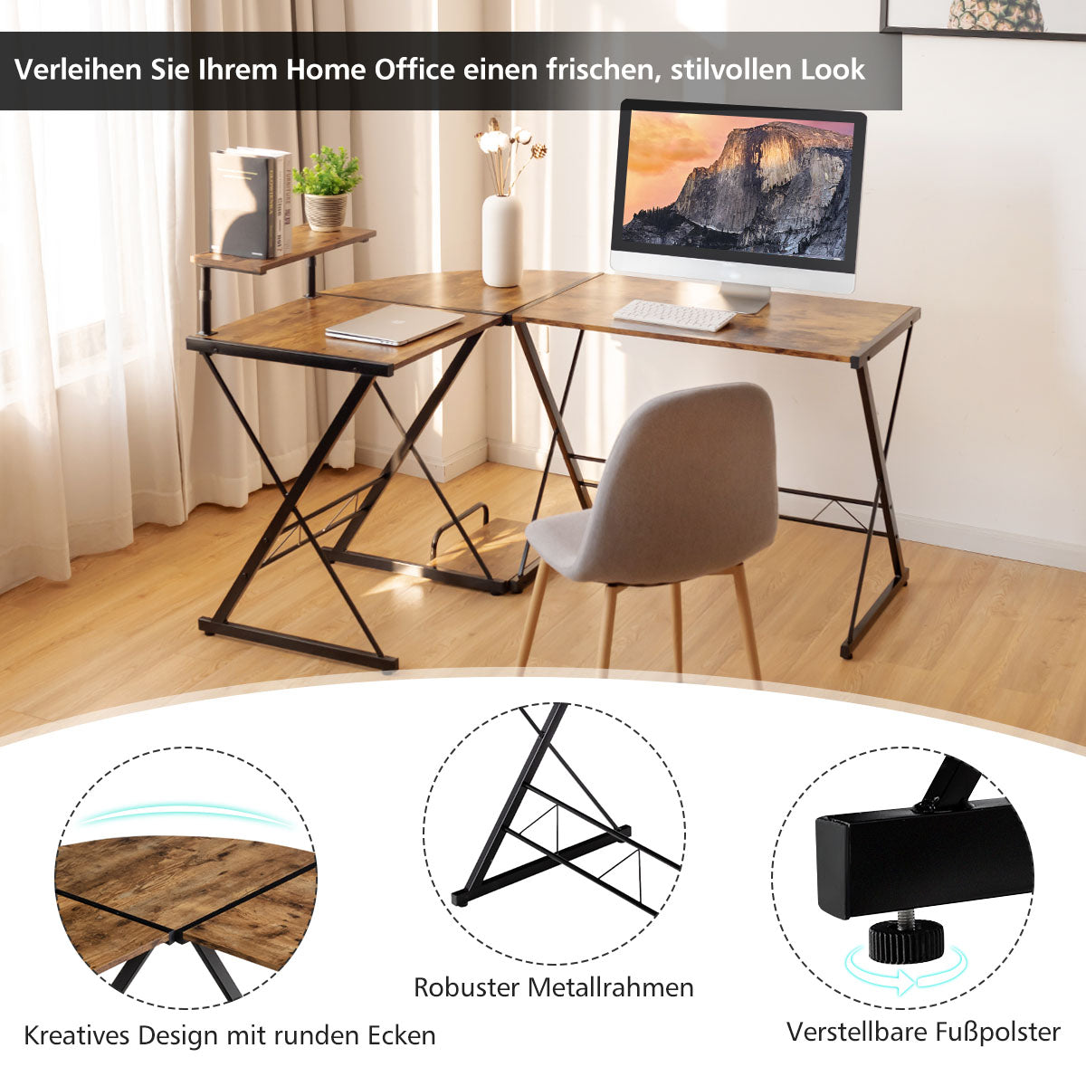 Costway - Eckschreibtisch L-Förmiger Computertisch aus Holz 147 x 112 x 79 cm Braun