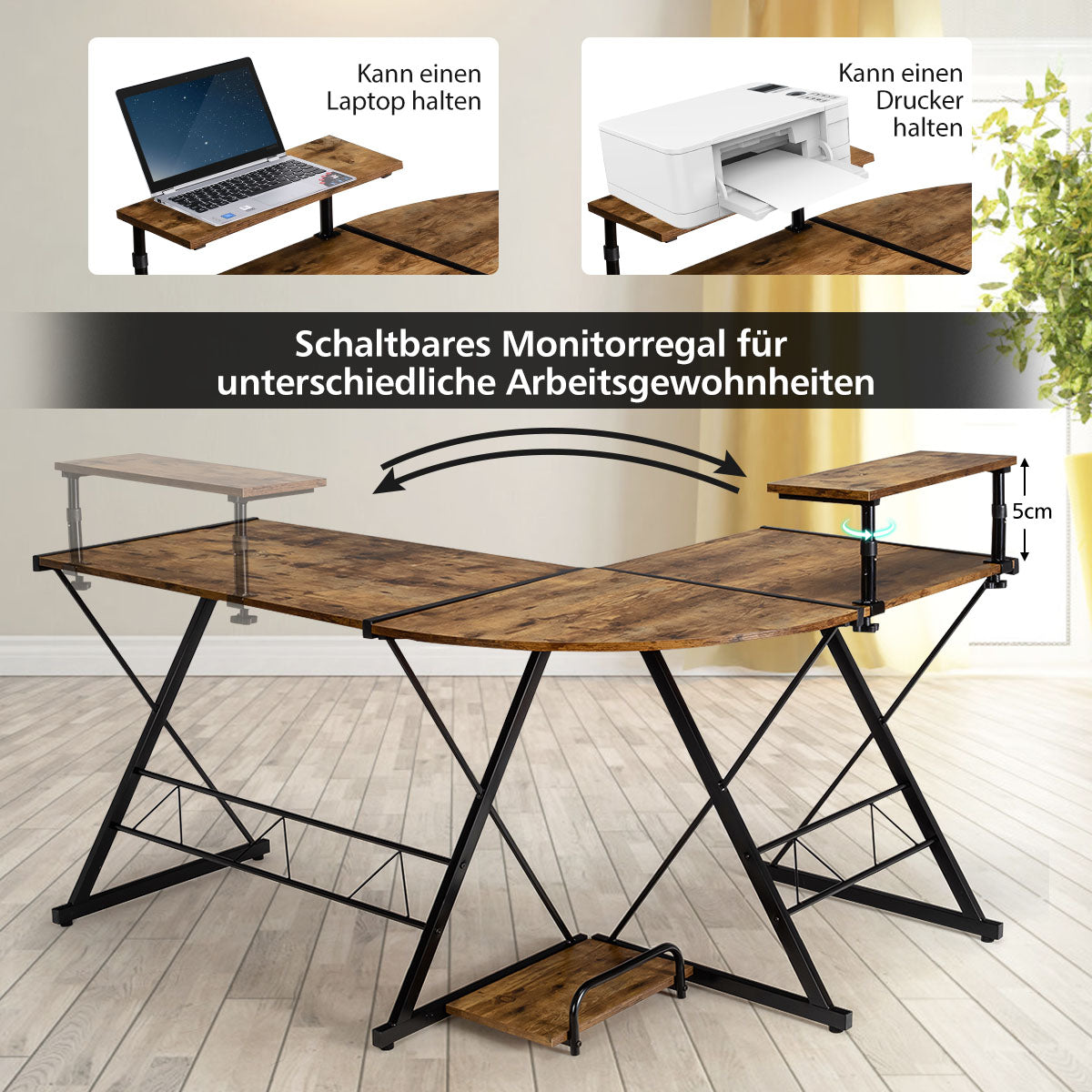 Costway - Eckschreibtisch L-Förmiger Computertisch aus Holz 147 x 112 x 79 cm Braun