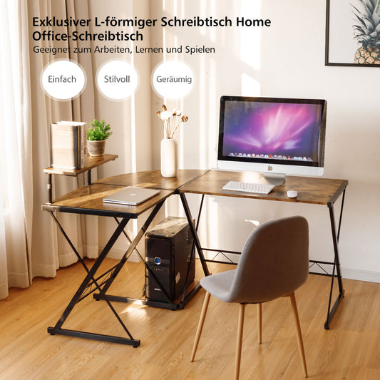 Costway - Eckschreibtisch L-Förmiger Computertisch aus Holz 147 x 112 x 79 cm Braun