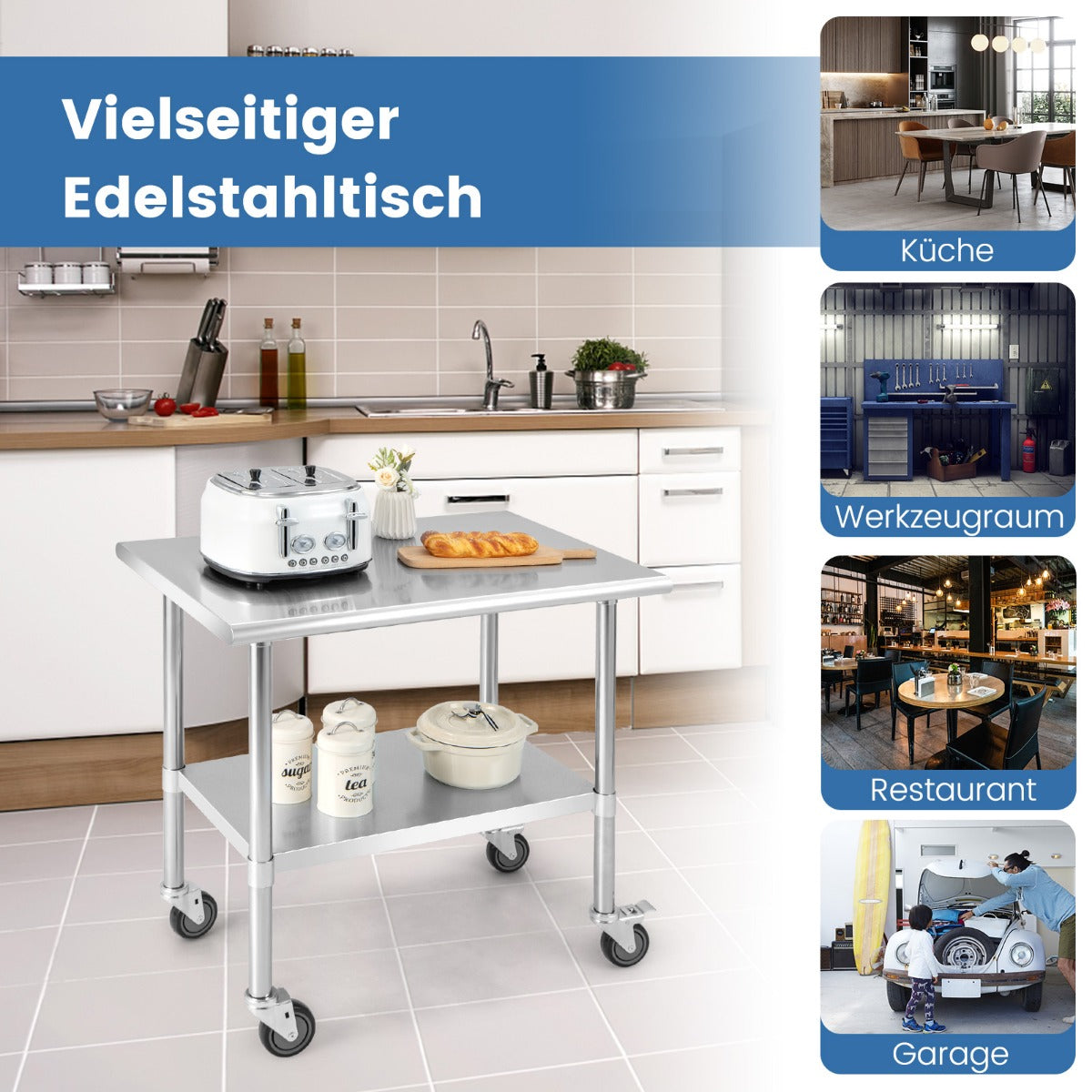 Küchenwagen, Küchenrollwagen, Edelstahltisch Arbeitstisch, Küchentisch, Edelstahl, Silbrig, 91,5 x 61 x 88,5 cm, Costway, 4