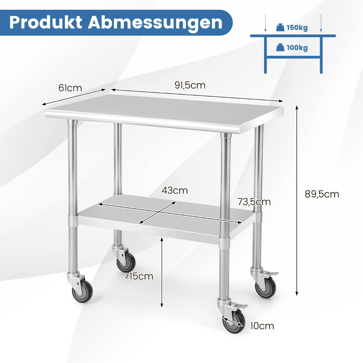 Küchenwagen, Küchenrollwagen, Edelstahltisch Arbeitstisch, Küchentisch, Edelstahl, Silbrig, 91,5 x 61 x 88,5 cm, Costway, 5