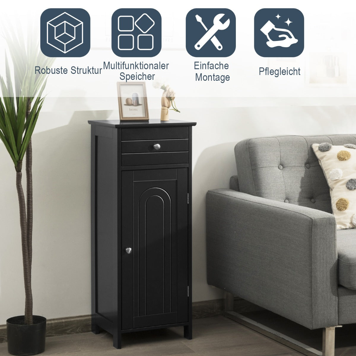 Costway Badezimmer-Bodenschrank freistehender Schrank mit 1 großen Schublade & 2 verstellbaren Regale Schwarz