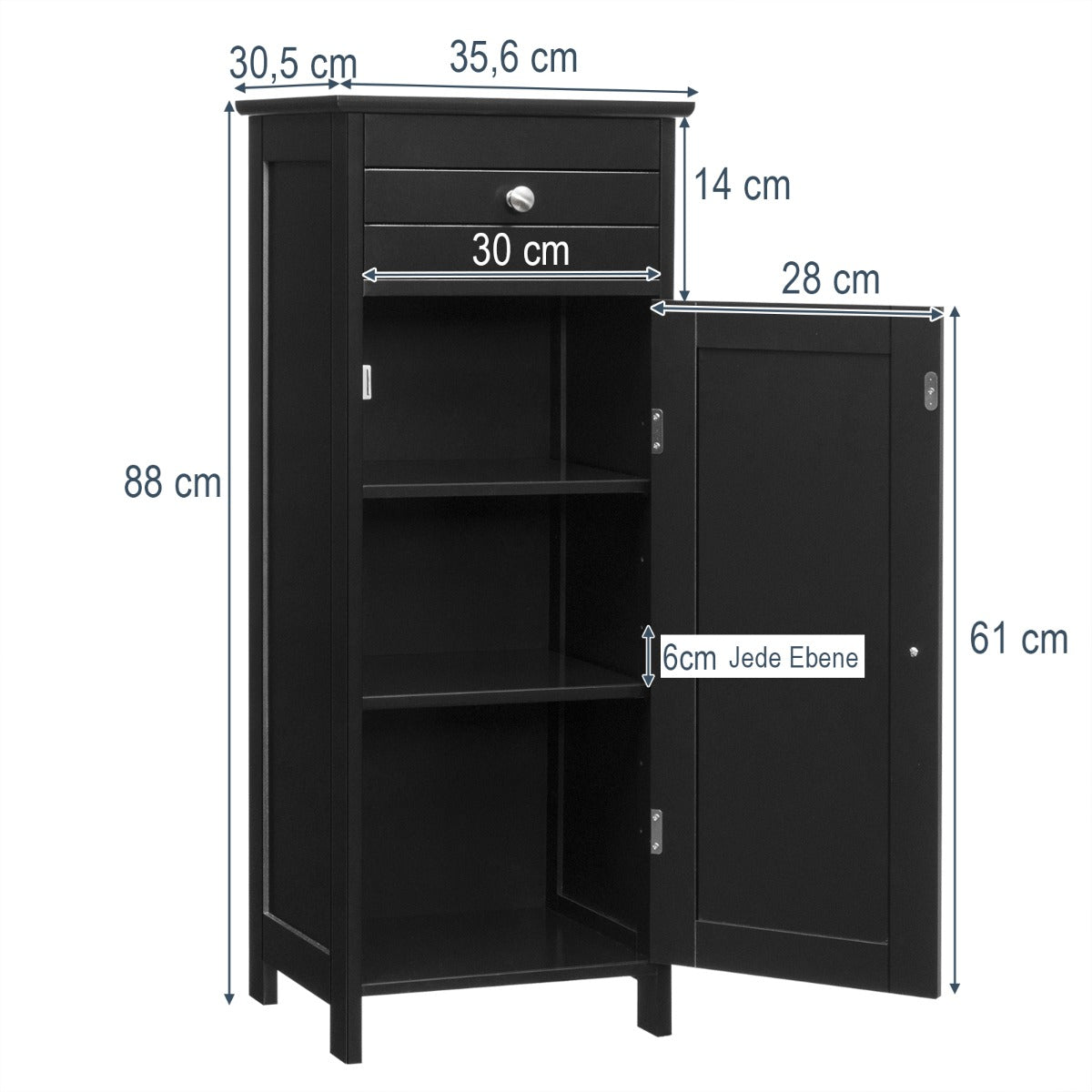 Costway Badezimmer-Bodenschrank freistehender Schrank mit 1 großen Schublade & 2 verstellbaren Regale Schwarz