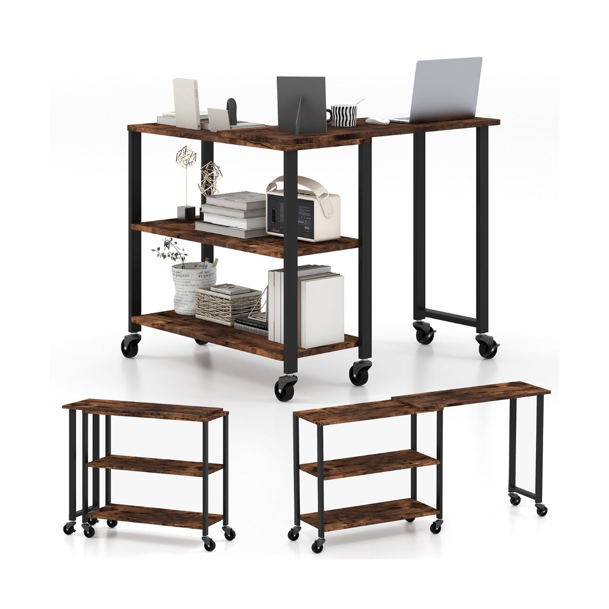 Costway - Beistelltisch Holz Couchtisch L-Form Tischplatte 360° drehbar 3 Ebenen Wohnzimmertisch Vintage 101 x 82,5 x 72,5 cm