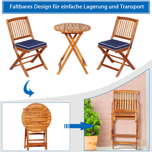 Terrassenmöbel, 3-TLG. Terrassenmöbel-Set mit Rundem Tisch & 2 Stühlen & 2 Kissen Ergonomische Sitzgarnitur Blau, Costway, 1