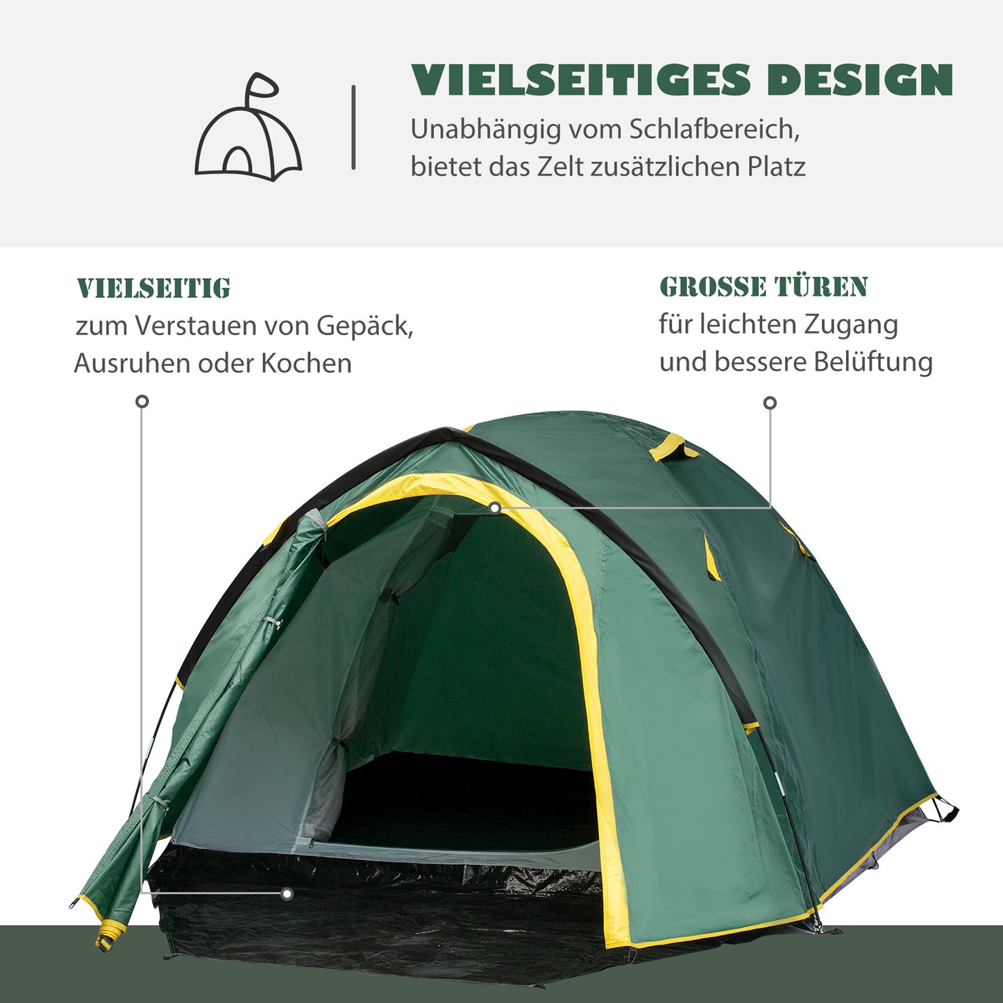 Outsunny - Kuppelzelt 2-3 Personen 190T Glasfaser Polyester Grün+Gelb 325x183x130cm Heringe