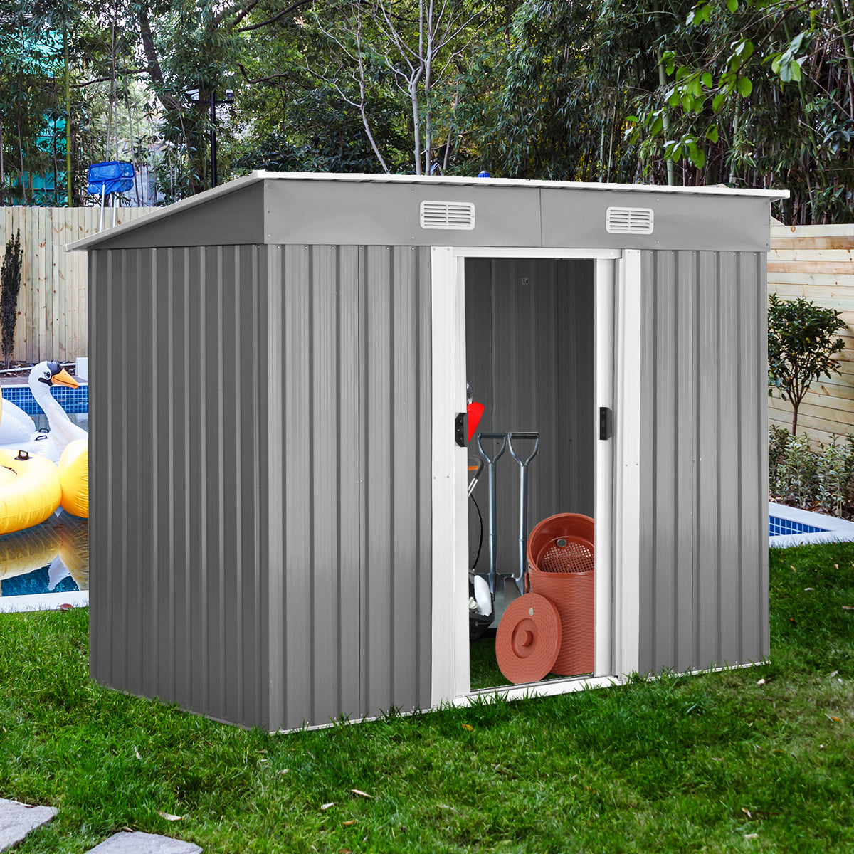 Geräteschuppen, Gartenschrank Wetterfest, Gerätehaus metall, mit 2 Schiebetüren, Outdoor Schrank, Costway, 8