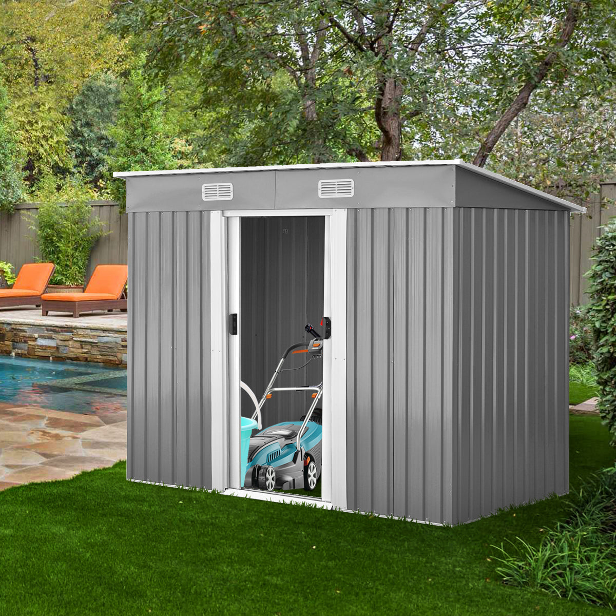 Geräteschuppen, Gartenschrank Wetterfest, Gerätehaus metall, mit 2 Schiebetüren, Outdoor Schrank, Costway, 2