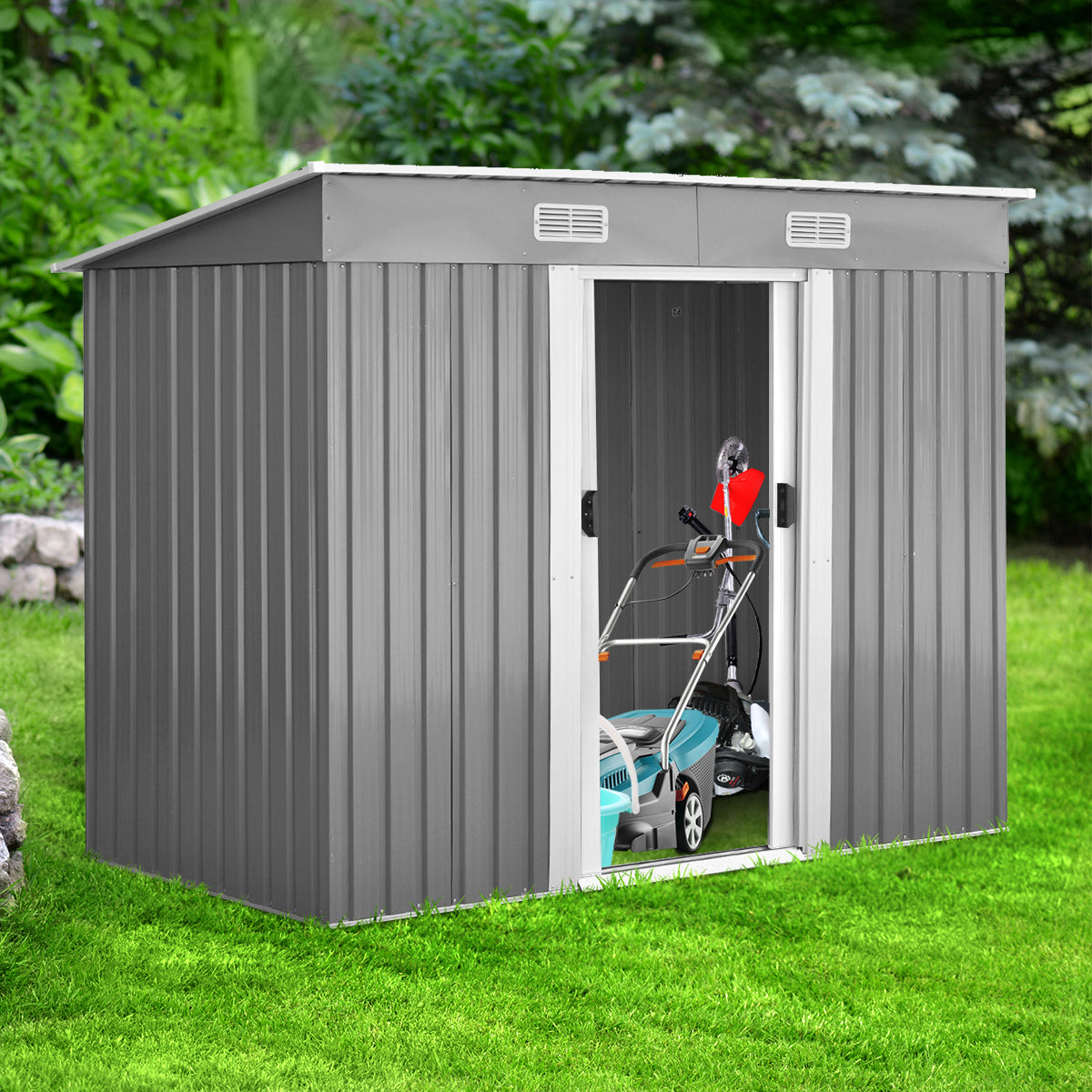 Geräteschuppen, Gartenschrank Wetterfest, Gerätehaus metall, mit 2 Schiebetüren, Outdoor Schrank, Costway, 1
