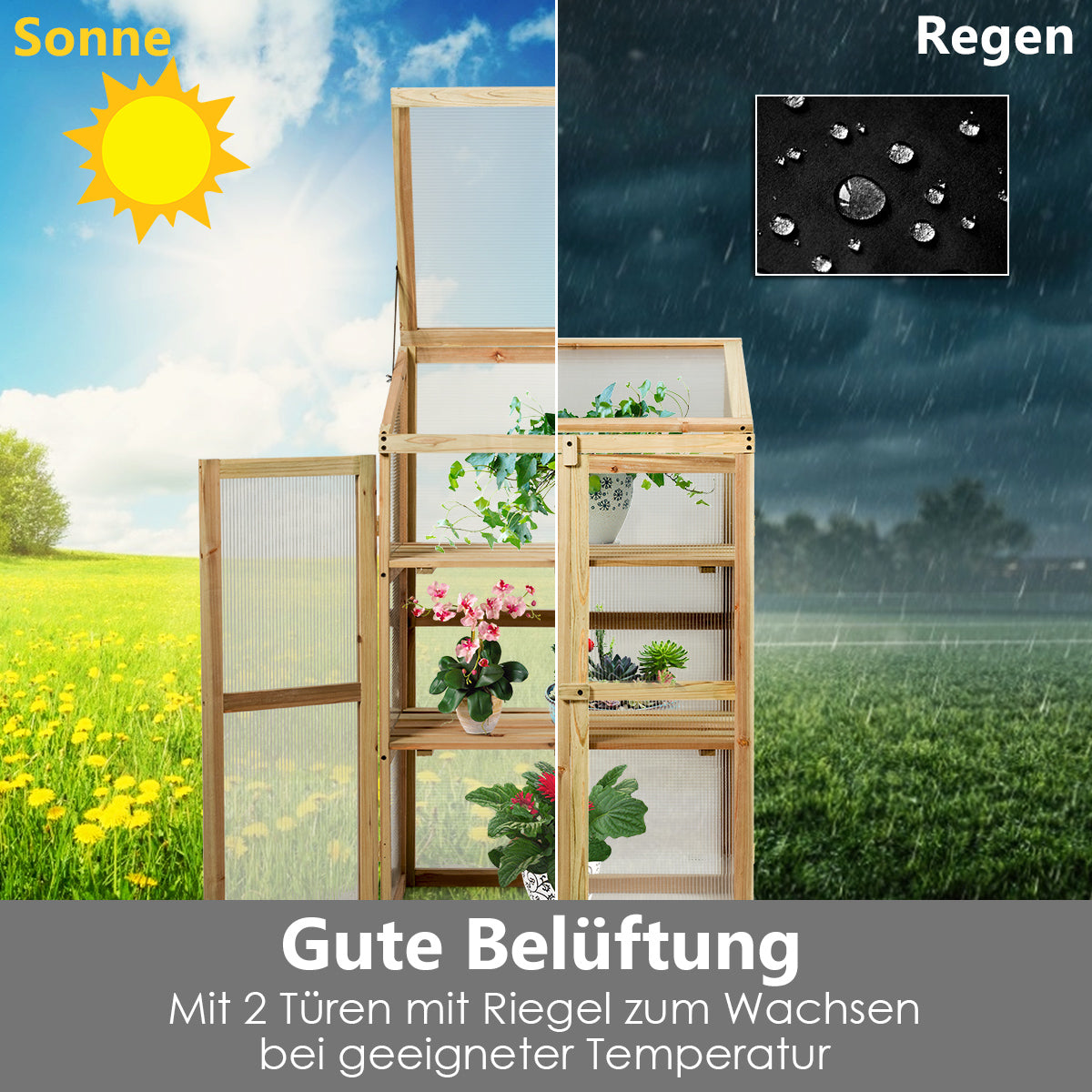 Gartenschrank, Pflanzenregal, Gewächshaus, Kaltgewächshaus, Kines Kaltgewächshaus, aus Holz, 3-Ebenen Schutz, Costway, 3