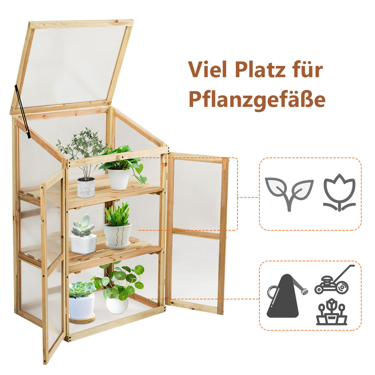 Gartenschrank, Pflanzenregal, Gewächshaus, Kaltgewächshaus, Kines Kaltgewächshaus, aus Holz, 3-Ebenen Schutz, Costway, 4