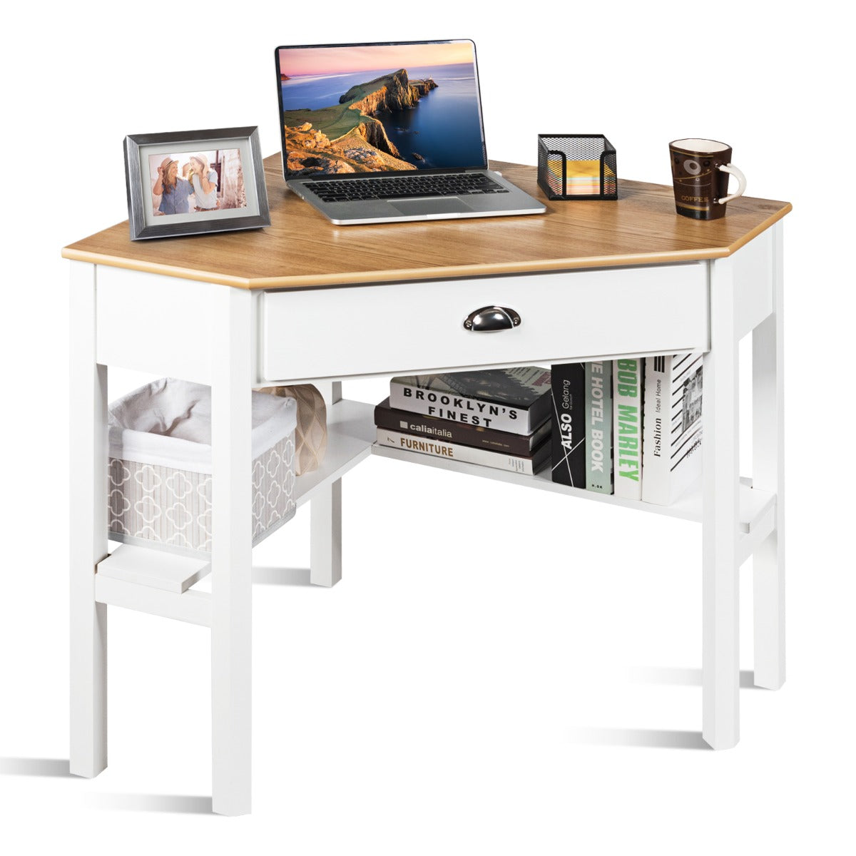 Costway - Eckschreibtisch aus Holz Kompakter Schreibtisch mit Schublade & Regalen 75 x 75 x 76 cm Natur + Weiß