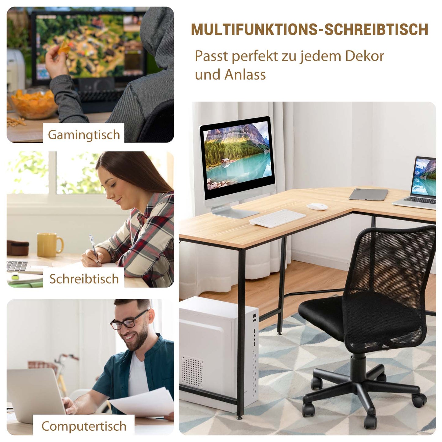 Costway - L-förmiger Schreibtisch Homeoffice-Schreibtisch mit 2 Ablageflächen 138 x 60 x 75 cm Natur