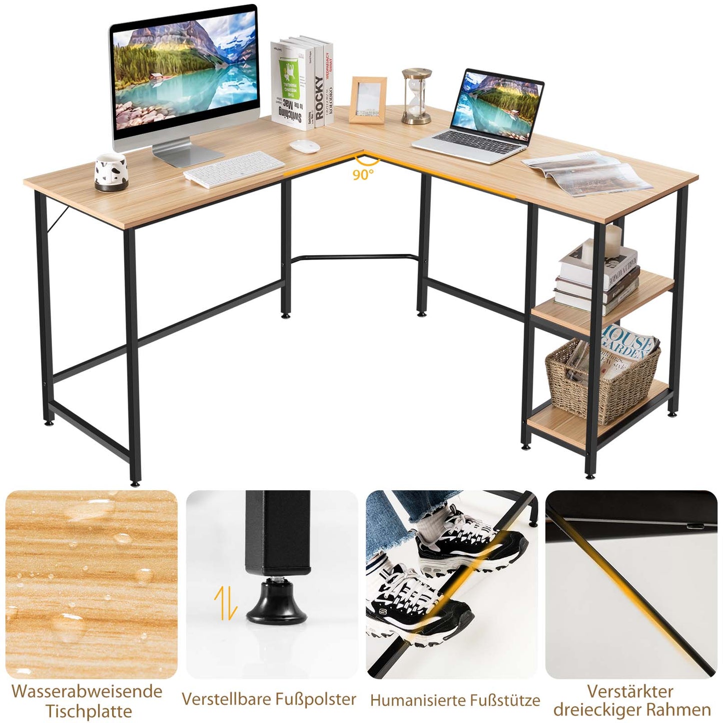 Costway - L-förmiger Schreibtisch Homeoffice-Schreibtisch mit 2 Ablageflächen 138 x 60 x 75 cm Natur