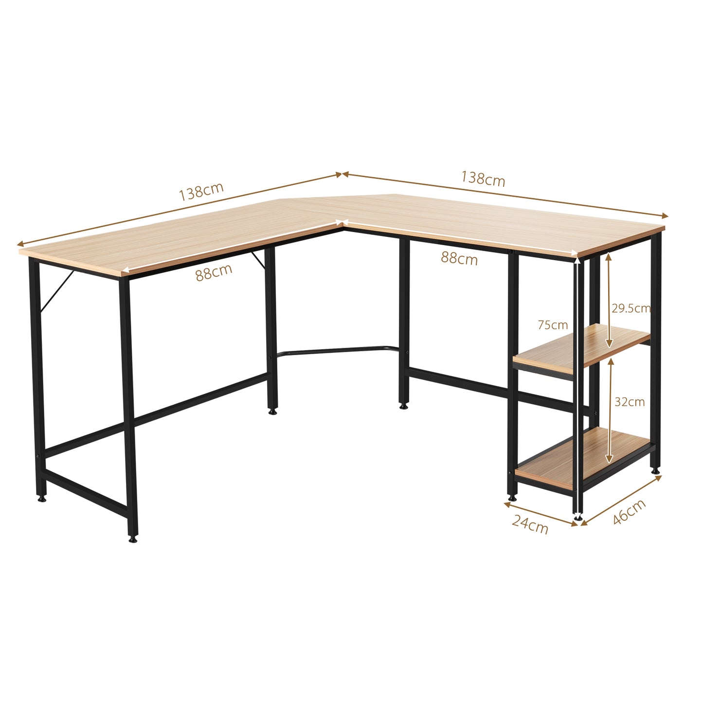 Costway - L-förmiger Schreibtisch Homeoffice-Schreibtisch mit 2 Ablageflächen 138 x 60 x 75 cm Natur
