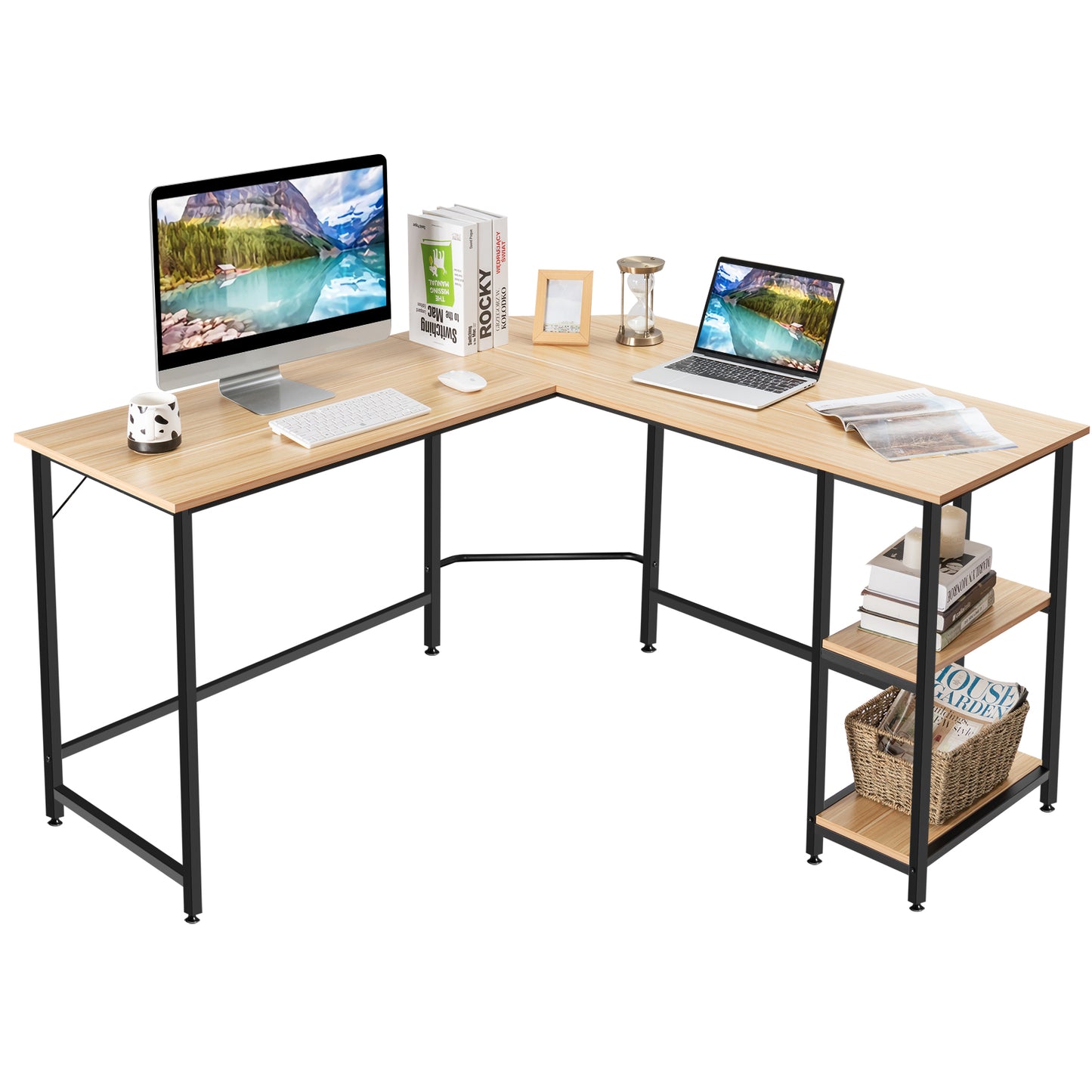 Costway - L-förmiger Schreibtisch Homeoffice-Schreibtisch mit 2 Ablageflächen 138 x 60 x 75 cm Natur