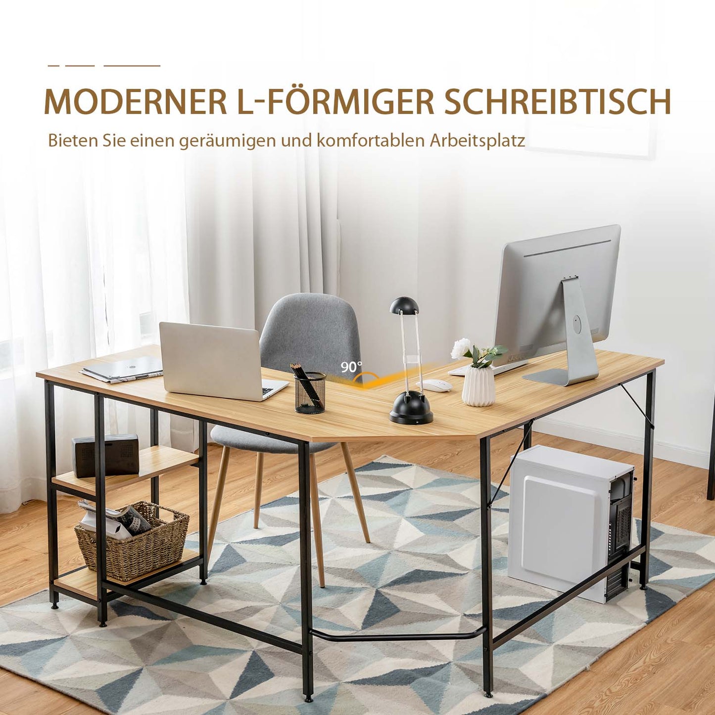 Costway - L-förmiger Schreibtisch Homeoffice-Schreibtisch mit 2 Ablageflächen 138 x 60 x 75 cm Natur